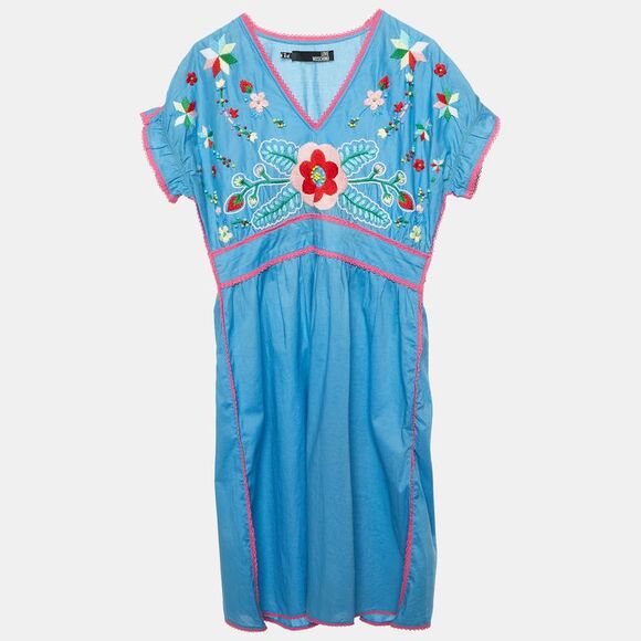 Love Moschino Blue Floral Embroidered Cotton V-Neck Dress M